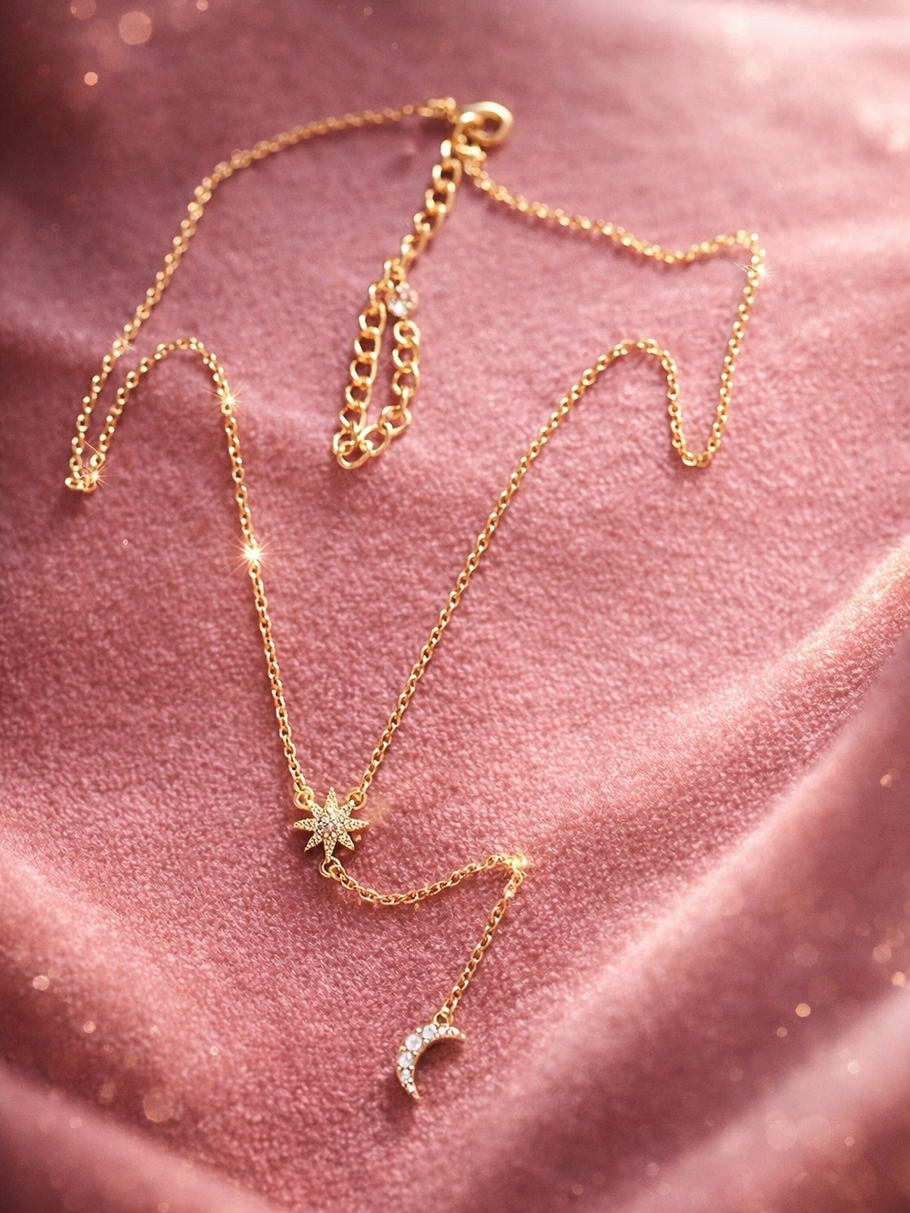 Delicate Gold Star & Crescent Lariat Necklace - Women Jewelry